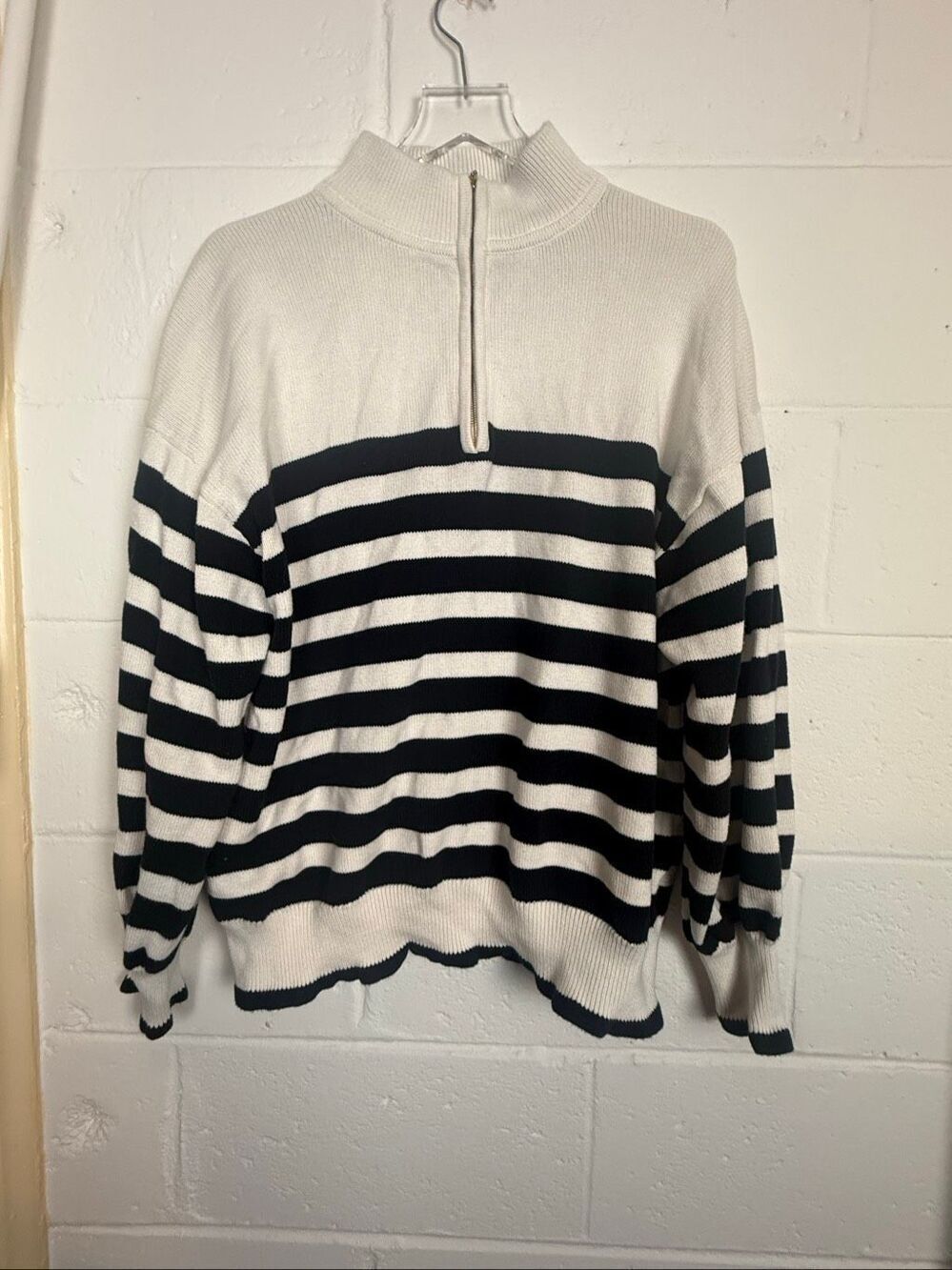 J.Crew Striped Half-Zip Sweater with Pearl Zipper Women’s 2X Cotton Navy Ivory